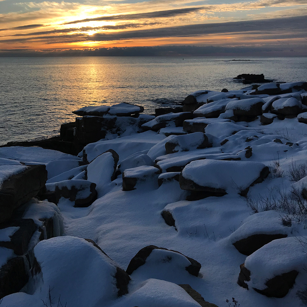 acadia winter coast rocks sunset