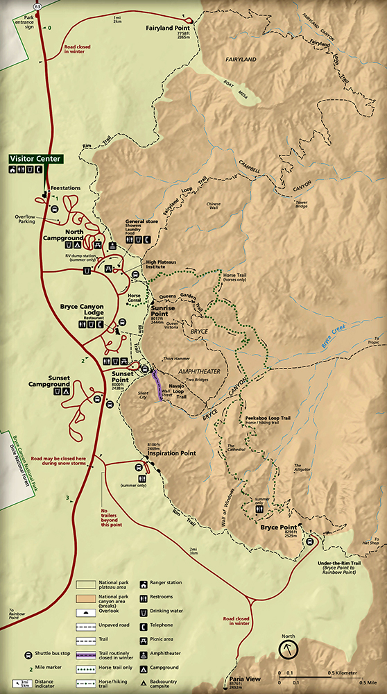 a map showing the detailed close up of the bryce visitor center and surrounding area