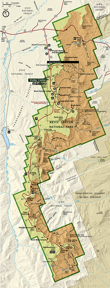 the official map of bryce canyon. Shows the park from north to south. 