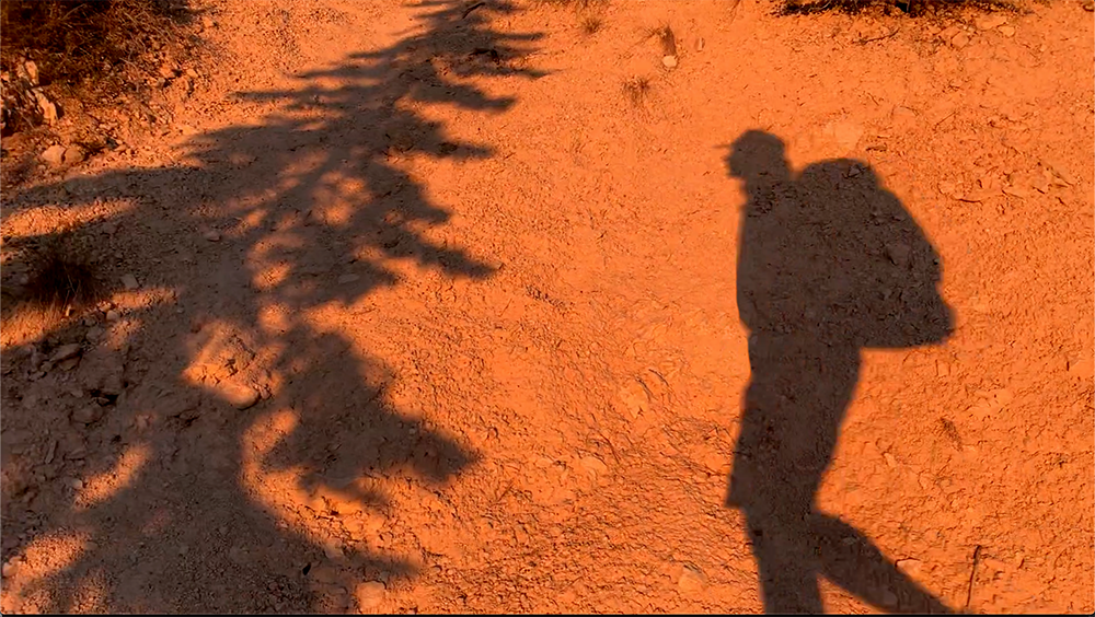 Shadow of a backpacker and a tree cast on the red soil of Bryce Canyon. 