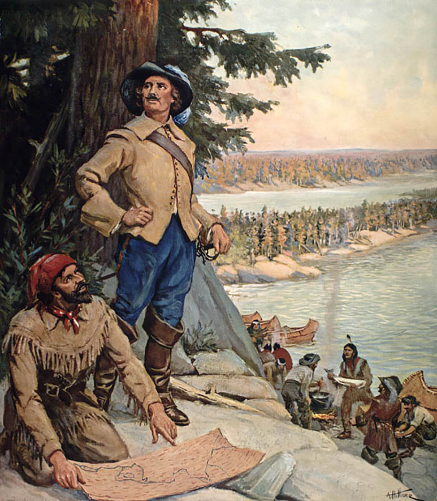a fur trader stands on a rock as goods are exchanged with natives