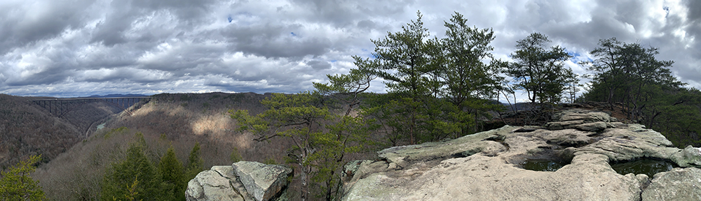 view of new river gorge with rocks, trees and river